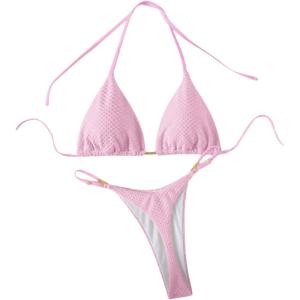 image:imageGORGLITTER Womens Thong Bikini Sets Halter Triangle Top High Cut Thong Bikini Bottom Swimsuit Bathing Suit Summer BeachPink