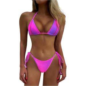 image:imageGORGLITTER Womens Triangle Bow Halter Bikini Sets Cheeky G String High Waisted Swimsuits Ombre Bathing Suit Swim Wear