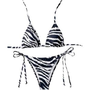 image:imageGORGLITTER Womens Zebra Striped Print String Bikini 2 Piece High Cut Thong Cheeky Bathing Suits BeachwearBlack Zebra Stripes