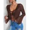 image:imageGORGLITTER Womens Bell Sleeve Tie Front Y2K Tops Classy Cute Sheer Going Out Gothic Concert Mesh Long Sleeve Crop TopsBrown