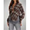 image:imageGORGLITTER Womens Cinched Waist Tops Plaid Collared V Neck Long Sleeve Shirt Fitted Checkered Causal Work BlousesBlue and Brown
