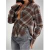 image:imageGORGLITTER Womens Cinched Waist Tops Plaid Collared V Neck Long Sleeve Shirt Fitted Checkered Causal Work BlousesBlue and Brown