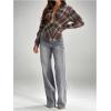 image:imageGORGLITTER Womens Cinched Waist Tops Plaid Collared V Neck Long Sleeve Shirt Fitted Checkered Causal Work BlousesBlue and Brown