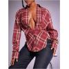 image:imageGORGLITTER Womens Cinched Waist Tops Plaid Collared V Neck Long Sleeve Shirt Fitted Checkered Causal Work BlousesBurgundy