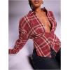 image:imageGORGLITTER Womens Cinched Waist Tops Plaid Collared V Neck Long Sleeve Shirt Fitted Checkered Causal Work BlousesBurgundy
