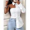 image:imageGORGLITTER Womens One Shoulder Dressy Blouses Long Sleeve Collared Asymmetrical Cropped Shirt Top Fall TrendyWhite