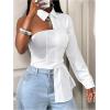 image:imageGORGLITTER Womens One Shoulder Dressy Blouses Long Sleeve Collared Asymmetrical Cropped Shirt Top Fall TrendyWhite
