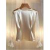 image:imageGORGLITTER Womens Pearl Satin Top Silk Chiffon Flounce Long Sleeve Dressy Business Casual Blouse Office Work Shirts Champagne XLarge