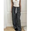image:imageGORGLITTER Womens Plaid Checkered Wide Leg Pants Gingham Drawstring Elastic Waist Pajama Lounge Trousers with PocketsBlack and White