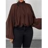 image:imageGORGLITTER Womens Plus Size Blouses Business Casual Fall Mesh Lantern Long Sleeve Mock Neck Work Office Shirt TopsBrown