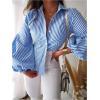image:imageGORGLITTER Womens Striped Button Up Tops Balloon Long Sleeve Collared Shirt Fall Fashion Blouse TopBlue