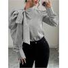image:imageGORGLITTER Womens Striped Long Sleeve Shirt Blouse Trendy Business Casual Teacher Fall Work Bow Tie Neck Blouse TopsGrey