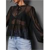image:imageGORGLITTER Womens Tie Front Mesh Boho Top Sheer Bishop Sleeve Babydoll Shirt Mock Neck Party Blouses Going Out TopsBlack