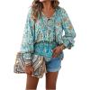 image:imageGORGLITTER Womens Boho Peasant Blouses Floral Bishop Long Sleeve Dressy Tie Front Tops 70s Babydoll Mexican Tunic ShirtBlue