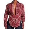 image:imageGORGLITTER Womens Cinched Waist Tops Plaid Collared V Neck Long Sleeve Shirt Fitted Checkered Causal Work BlousesBurgundy