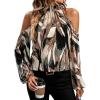 image:imageGORGLITTER Womens Cold Shoulder Long Sleeve Halter Tops Blouse Trendy Dressy Casual Fall Boho Colorful Blouses ShirtBrown Multicolor