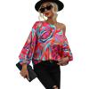 image:imageGORGLITTER Womens Colorful Off Shoulder Work Blouse Top Long Sleeve 70s Asymmetrical Neck Business Casual ShirtsMulticolor