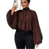 image:imageGORGLITTER Womens Plus Size Blouses Business Casual Fall Mesh Lantern Long Sleeve Mock Neck Work Office Shirt TopsBrown