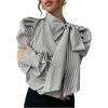 image:imageGORGLITTER Womens Striped Long Sleeve Shirt Blouse Trendy Business Casual Teacher Fall Work Bow Tie Neck Blouse TopsGrey