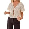 image:imageGORGLITTER Womens Tie Front Mesh Summer Tops Floral Embroidered Short Sleeve V Neck Beach Blouses Shirt 2025Apricot