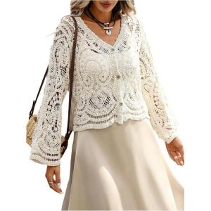 image:imageGORGLITTER Womens Boho Crochet Cropped Cardigan Lightweight Sheer Long Sleeve Button Up Spring Trendy 2026 Kimono TopApricot