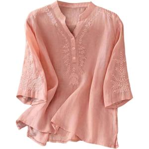 image:imageGORGLITTER Womens Boho Linen Shirts Embroidered 34 Sleeve Peasant Blouses Casual Gauze Tops Summer Going Out OutfitsPink