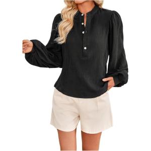 image:imageGORGLITTER Womens Half Button Blouse Tops Bishop Sleeve Mock Neck Work Office ShirtsBlack