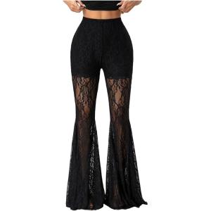 image:imageGORGLITTER Womens Lace Bell Bottom Pants Mesh Flare Leg High Waisted Sheer Sexy Gothic Leggings TrousersBlack Mesh
