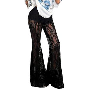 image:imageGORGLITTER Womens Lace Mesh Bell Bottom Rave Pants High Waisted Sexy Sheer Gothic Flared Leggings TrousersBlack