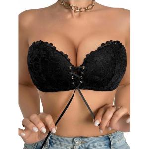 image:imageGORGLITTER Womens Lace Push Up Strapless Bra Sheer Mesh Padded Tie Front Wirefree BrassieresBlack
