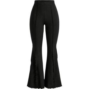 image:imageGORGLITTER Womens Lettuce Trim Bell Bottom Flare Pant Elastic High Waist Wide Leg PantsBlack