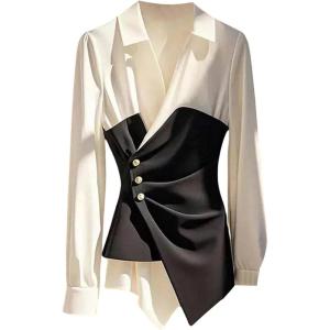 image:imageGORGLITTER Womens Long Sleeve Workout Wrap Top Dressy Asymmetrical Collared Business Casual Going Out Shirt BlouseBlack and White