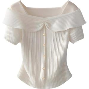 image:imageGORGLITTER Womens Off The Shoulder Pearl Beaded Tops Short Sleeve Knit Blouses Dressy Casual Going Out Outfits 2025White