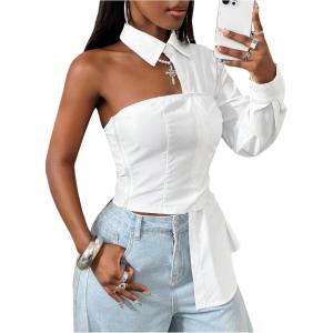 image:imageGORGLITTER Womens One Shoulder Dressy Blouses Long Sleeve Collared Asymmetrical Cropped Shirt Top Fall TrendyWhite