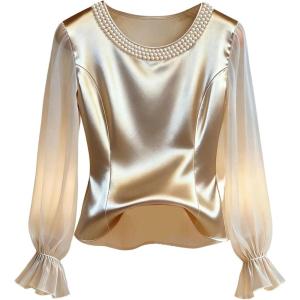 image:imageGORGLITTER Womens Pearl Satin Top Silk Chiffon Flounce Long Sleeve Dressy Business Casual Blouse Office Work Shirts Champagne Small
