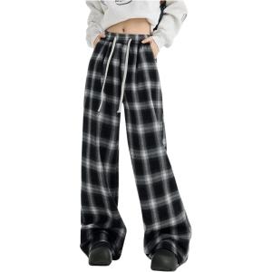 image:imageGORGLITTER Womens Plaid Checkered Wide Leg Pants Gingham Drawstring Elastic Waist Pajama Lounge Trousers with PocketsBlack Plaid