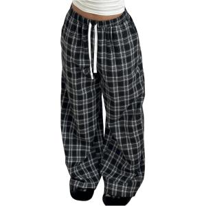 image:imageGORGLITTER Womens Plaid Checkered Wide Leg Pants Gingham Drawstring Elastic Waist Pajama Lounge Trousers with PocketsBlack and White