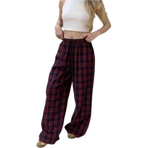 image:imageGORGLITTER Womens Plaid Checkered Wide Leg Pants Gingham Drawstring Elastic Waist Pajama Lounge Trousers with PocketsBlue and Red