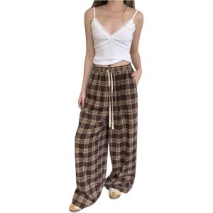 image:imageGORGLITTER Womens Plaid Checkered Wide Leg Pants Gingham Drawstring Elastic Waist Pajama Lounge Trousers with PocketsBrown