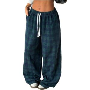 image:imageGORGLITTER Womens Plaid Checkered Wide Leg Pants Gingham Drawstring Elastic Waist Pajama Lounge Trousers with PocketsGreen