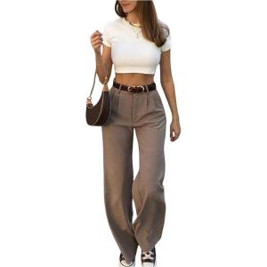 image:imageGORGLITTER Womens Pleated High Waisted Trousers Dress Pants Dressy Wide Leg Straight Business Casual Work Slacks PantsCoffee Brown