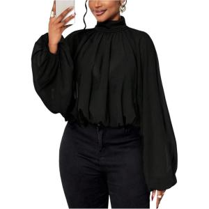 image:imageGORGLITTER Womens Plus Size Blouses Business Casual Fall Mesh Lantern Long Sleeve Mock Neck Work Office Shirt TopsBlack