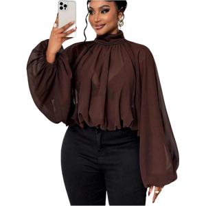 image:imageGORGLITTER Womens Plus Size Blouses Business Casual Fall Mesh Lantern Long Sleeve Mock Neck Work Office Shirt TopsBrown
