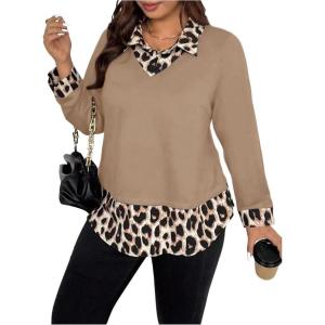 image:imageGORGLITTER Womens Plus Size Blouses Leopard Print Color Block Shirt Combo 2 in 1 Long Sleeve Dressy Casual TopsKhaki