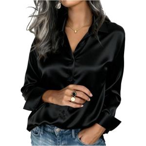 image:imageGORGLITTER Womens Plus Size Blouses Tops Satin Casual Dressy Silk Long Sleeve Button Down Shirts Business Office ShirtBlack
