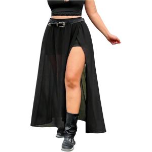 image:imageGORGLITTER Womens Plus Size Maxi Skirt Sexy Sheer Mesh Split High Waisted Fall Party Gothic Rave Wrap Long Flowy SkirtBlack