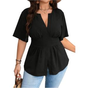 image:imageGORGLITTER Womens Plus Size Peplum Tops Short Sleeve V Neck Asymmetrical Blouse Shirts Summer Going Out Tops 2025Black