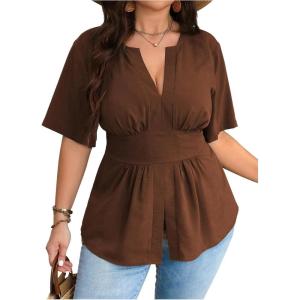 image:imageGORGLITTER Womens Plus Size Peplum Tops Short Sleeve V Neck Asymmetrical Blouse Shirts Summer Going Out Tops 2025Brown