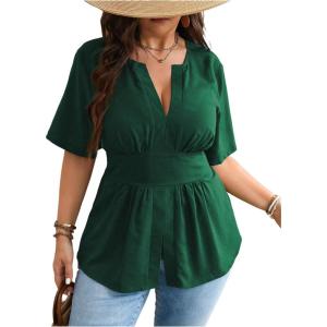 image:imageGORGLITTER Womens Plus Size Peplum Tops Short Sleeve V Neck Asymmetrical Blouse Shirts Summer Going Out Tops 2025Dark Green