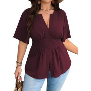 image:imageGORGLITTER Womens Plus Size Peplum Tops Short Sleeve V Neck Asymmetrical Blouse Shirts Summer Going Out Tops 2025Maroon